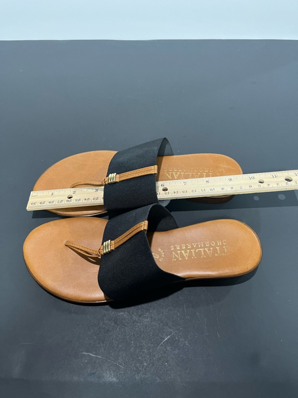 Italian Shoe Maker Tan Black Gold Stretch Women's Slip in Slide Thong Sandals - Picture 9 of 9